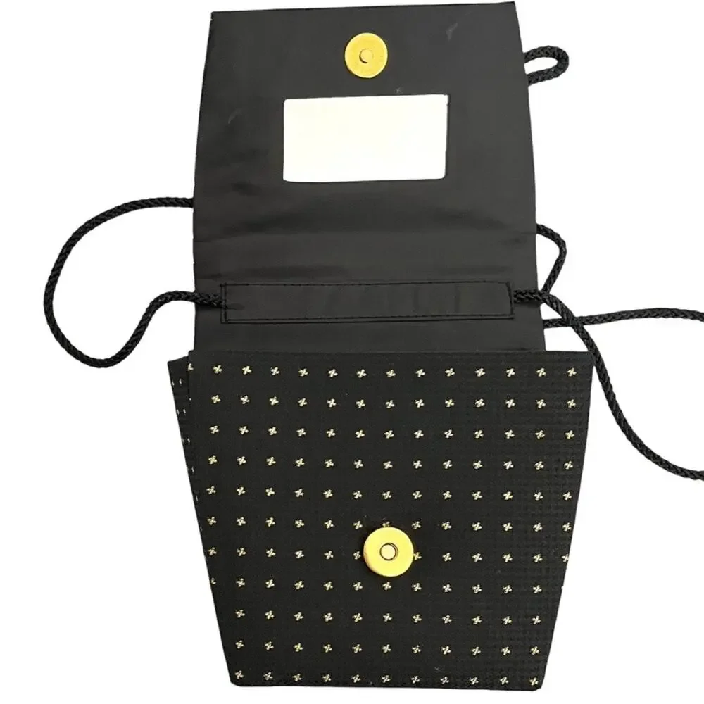 Vintage Whiting & Davis Black Jacquard Gold Dotted Box Convertible Evening Bag